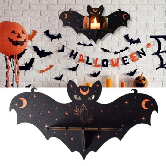 Halloween Bat Wall Floating Shelf Faux Crystal Display Shelf Wooden Candle Holder Wall Shelf Decoration Living Room Bedroom Bathroom Storage Rack