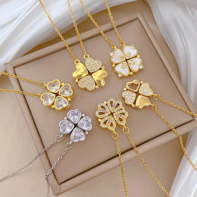 Necklace Female One Or Two Wear Heart-To-Heart Open Four-Leaf Flower Full Diamond Versatile Collarbone Chain Titanium Steel