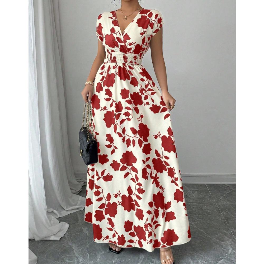 Nuevo Vestido Largo Estampado de Verano con Cuello en V y Manga Corta con Lazo para Mujer Cintura Ajustada