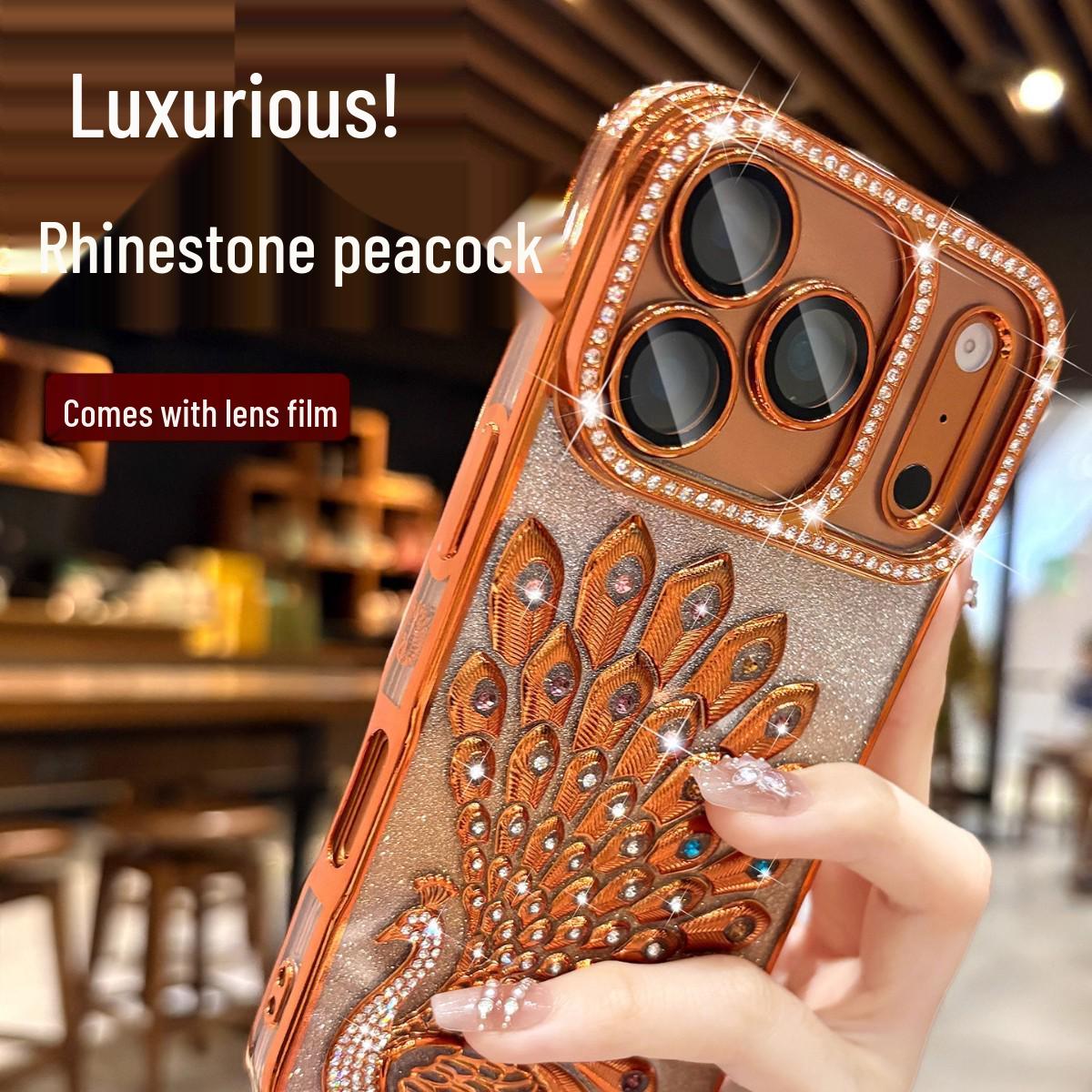 

Colorful Diamond Peacock Glitter Phone Case with Built-in Lens Film for iPhone 15 Plus, 16, and 17 Pro iPhone 15