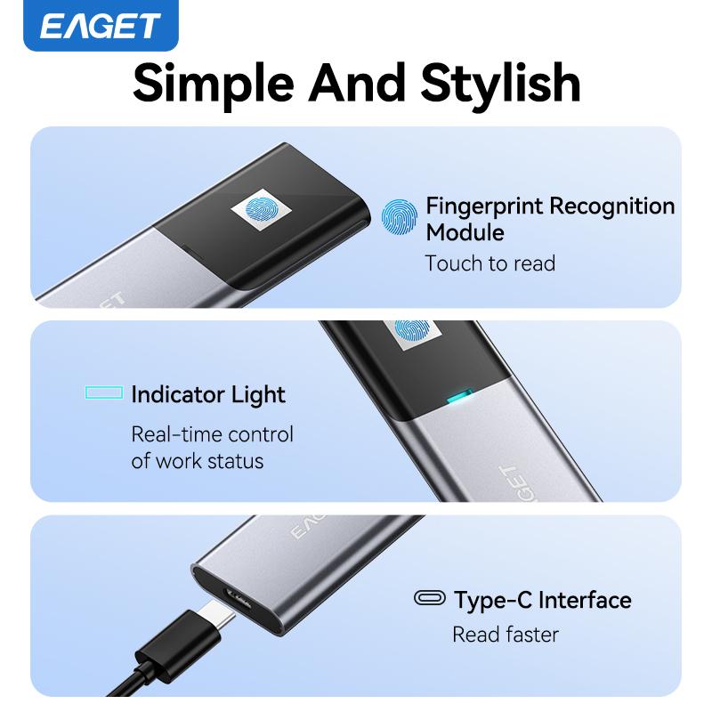 EAGET Fingerprint encryption External SSD 540MB/s Portable SSD External Solid State Drive USB 3.2 Gen2 Type-C SSD Compatible for PC, Laptops