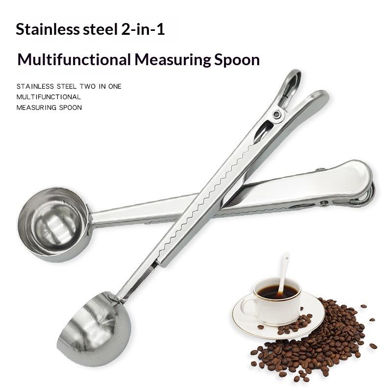 2-In-1 Stainless Steel Coffee Measuring Coffee Scoop Multifunctional Food Sealing Clip Tea Milk Powder Scoop Coffee Accessories