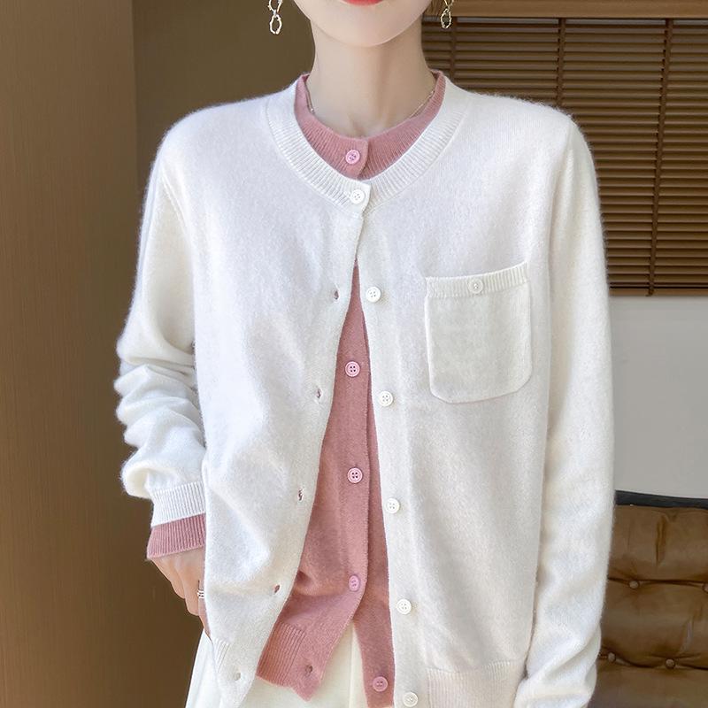 Women's 100% Wool Cardigan, Fake Two-Piece, Slimming Round Neck, Lazy Style Sweater Coat for Spring & Autumn