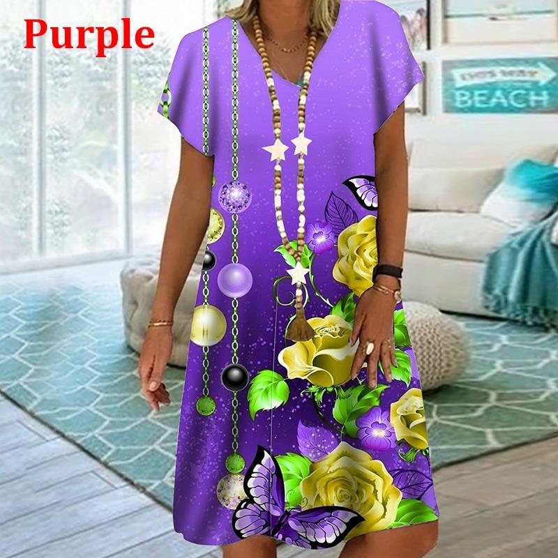 Plant Flowers Colorful 3D Printing Dress For Summer 2022 Women Vintage Short Sleeve Loose Dress Casual V-Neck