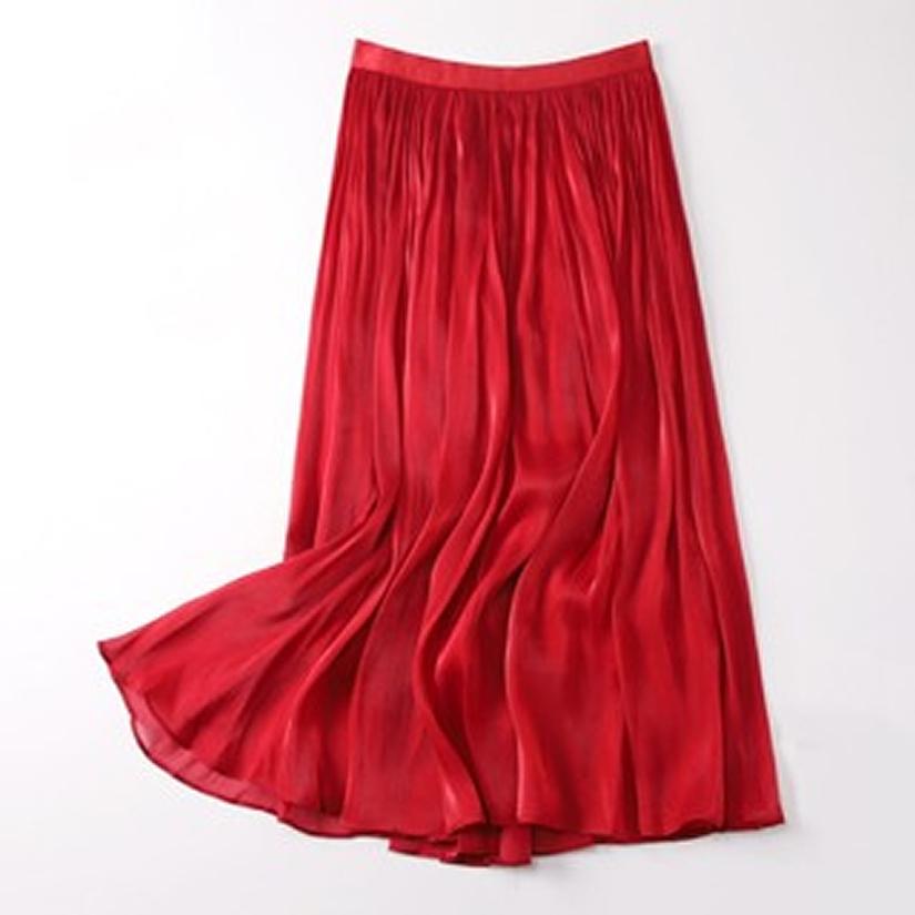 Qooth Women Gentle Solid Color Pleated Skirt Casual Elastic Waist Colorful A-line Skirt For Spring Summer QT2416