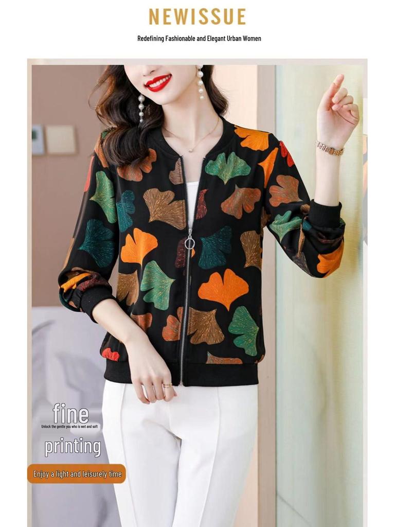 Mother's Chiffon Printed Long-Sleeve Cardigan: 2025 Spring New, Plus Size, Loose Fit, Versatile Baseball Jacket