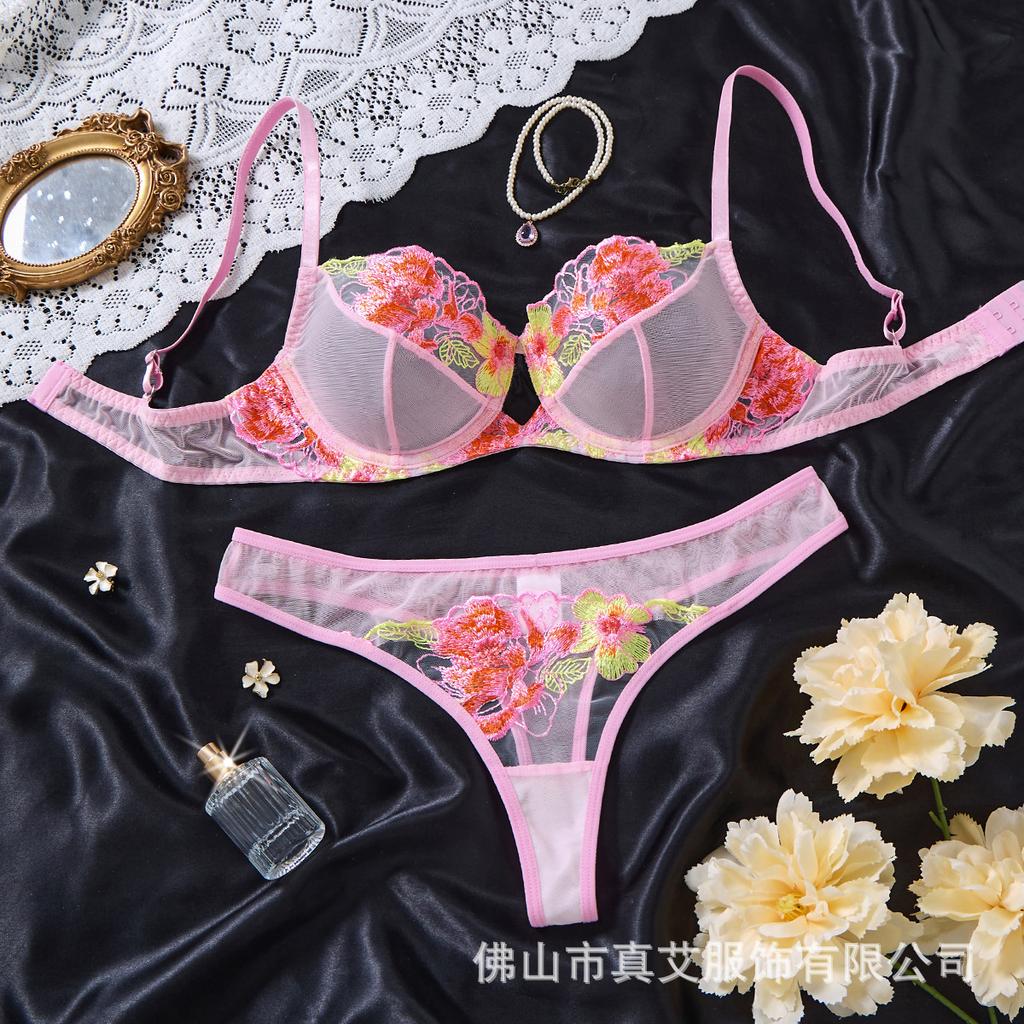 Pink French Bra Thong Set Sexy Ultra-thin Perspective Mesh Sexy Underwear Women