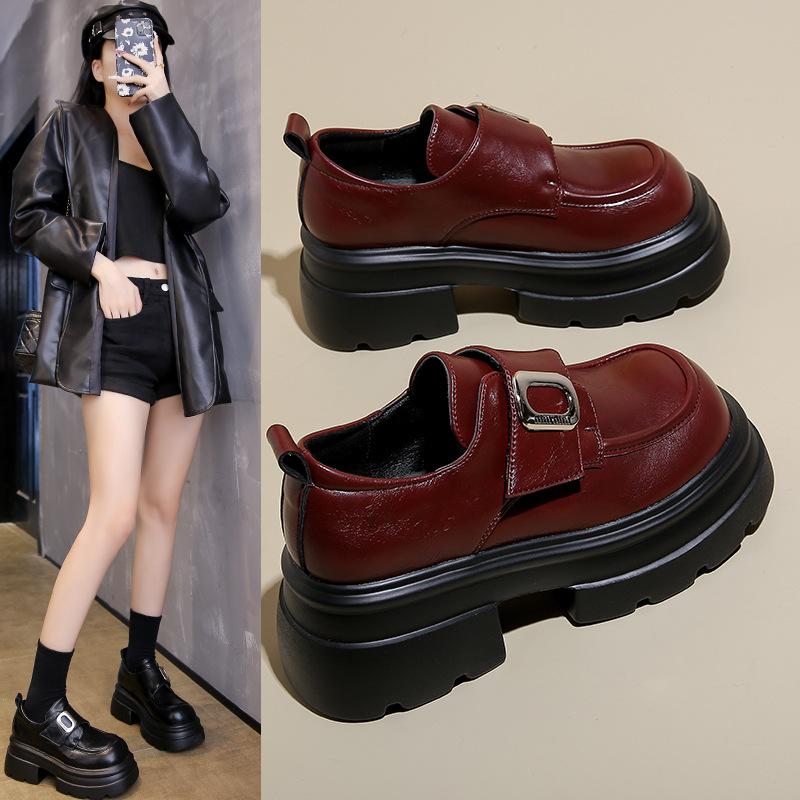 Mocassins à semelle plateforme, les petites personnes gagnent 7 cm en hauteur, petites chaussures en cuir, chaussures pour femmes, chaussures simples muffin rétro à velcro