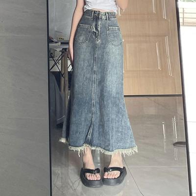 Vintage Design Sense Burlap Denim Skirt In Long Section Package Hip High Waist Thin A-line Fishtail Bustier Female Fashion Denim Bustier Skirt