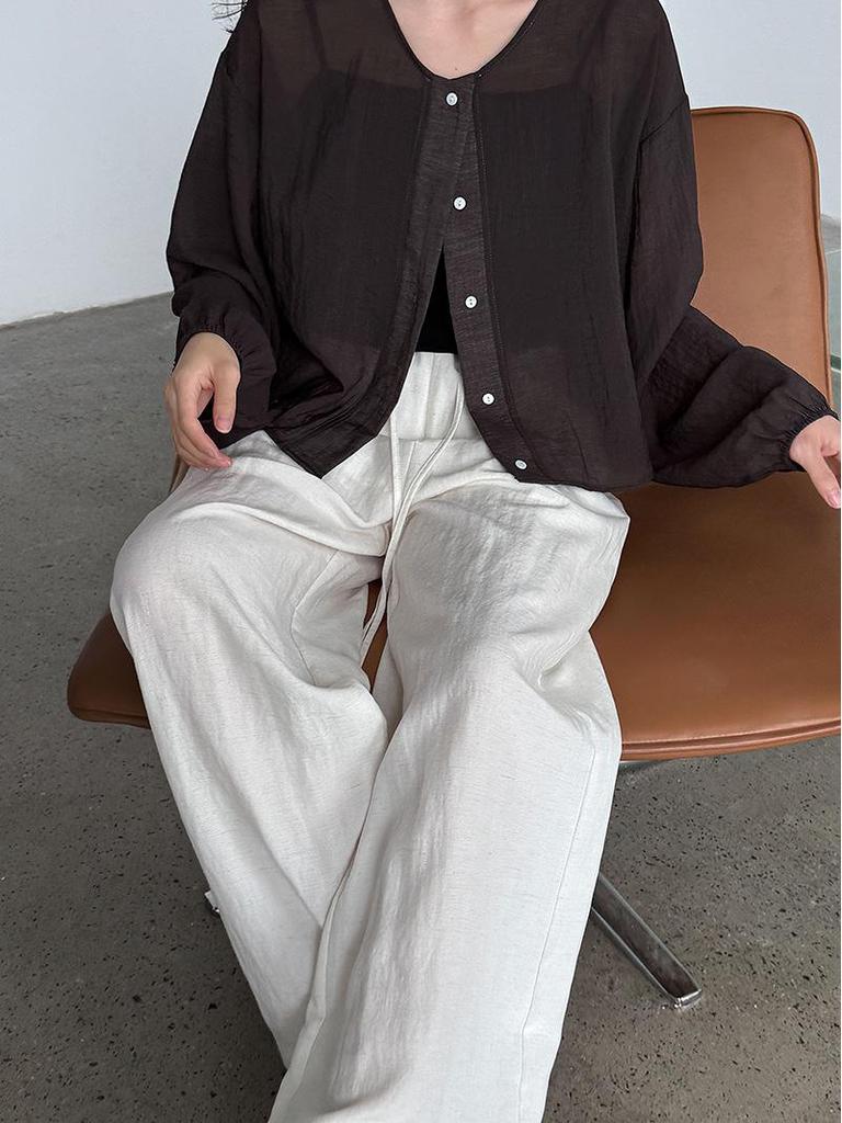 LUXI Women's Tencel Linen Elastic Waist Wide-Leg Summer Pants