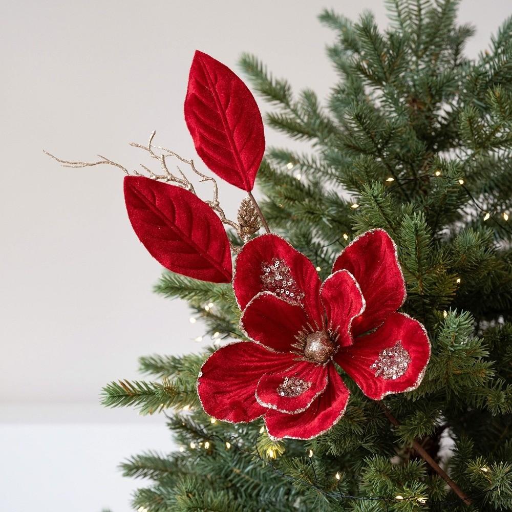 Red Gold Artificial Christmas Flower Flocking Xmas Decorative Flowers  New Year Gifts