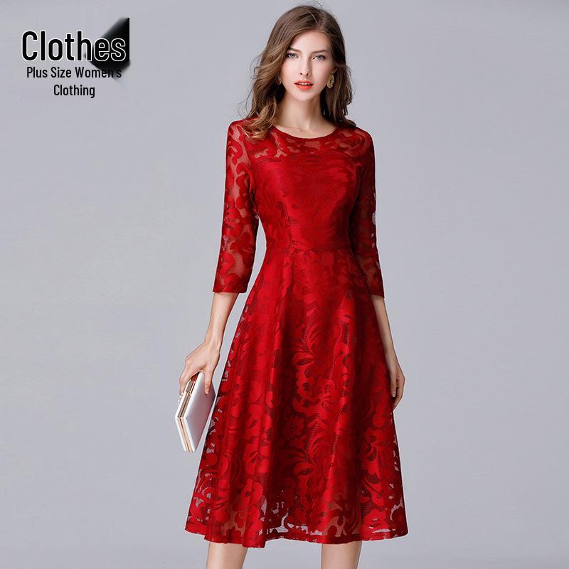 

European & American Plus Size Red Lace Swing Dress - Spring/Autumn Fashion 200 Jin XL