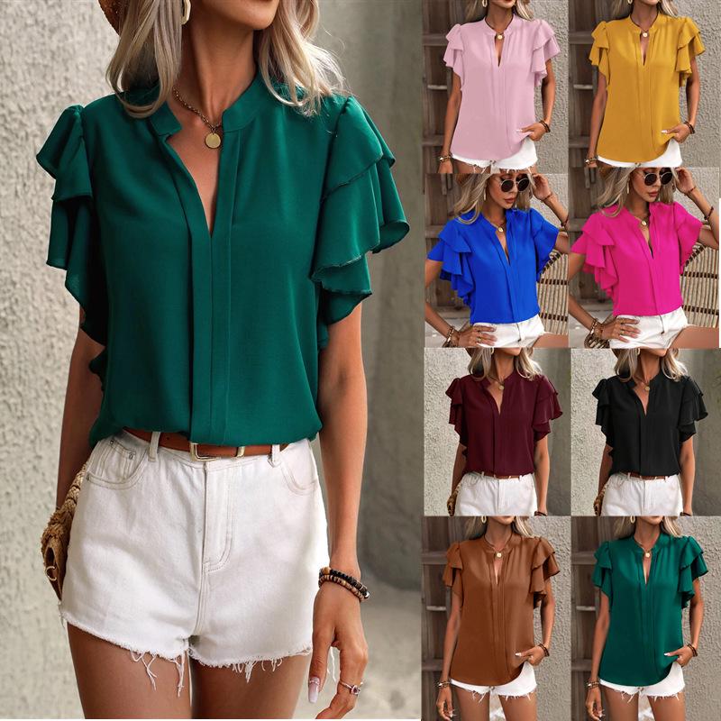 2025 Women's Summer V-Neck Casual Shirt with Double-Layer Ruffle Sleeves