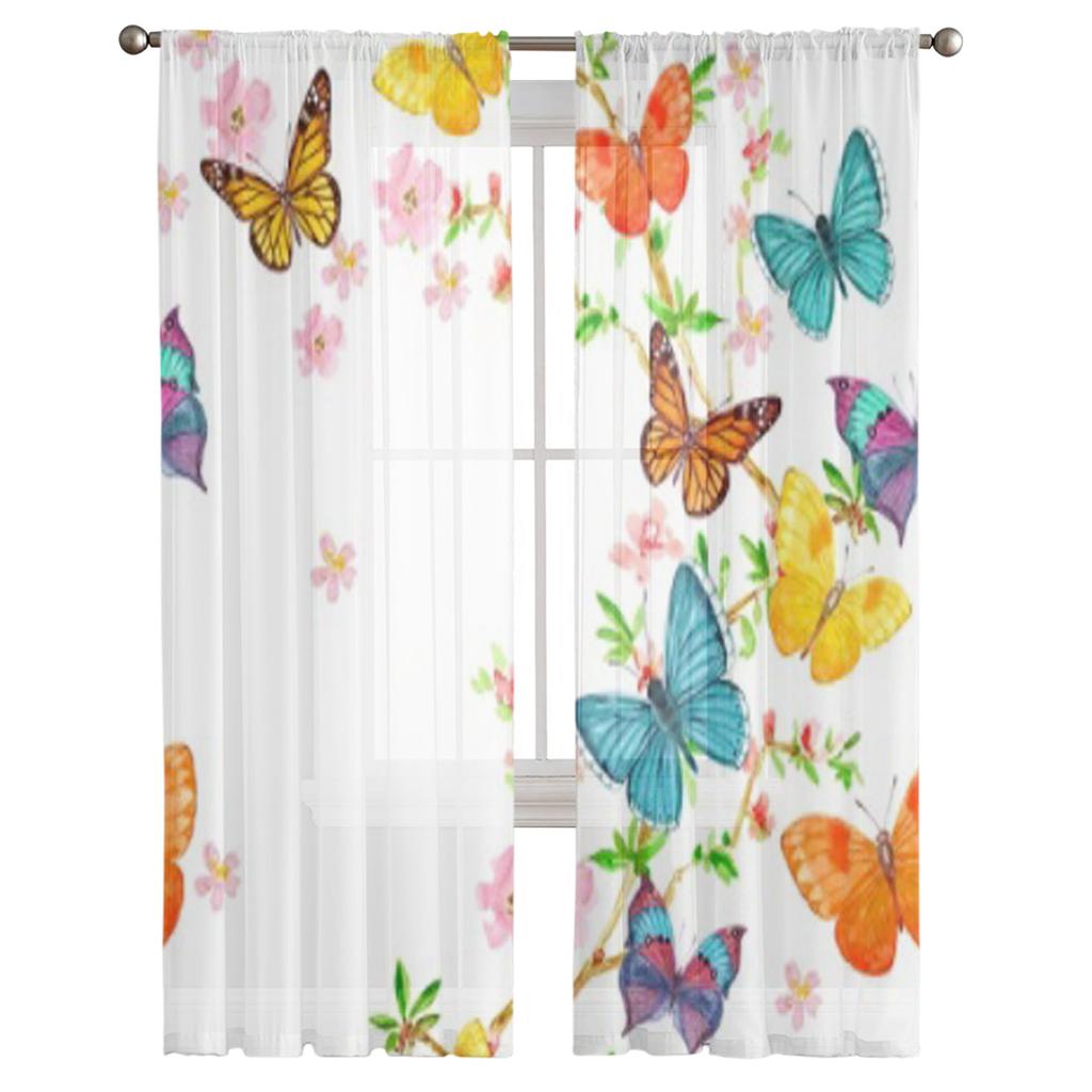 Cute Butterfly Flying Over Almond Blossom Chiffon Sheer Curtains for Living Room Bedroom Decoration Window Voiles Tulle Curtain