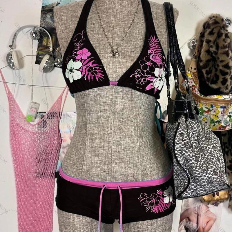 Vintage Flower Print Cutie Set Bikini 2000s Swimsuit Sexy Women Bathing Fashion Halter Strap Swimwear High Street Beach Female