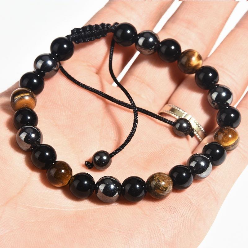 Perlenarmband Naturstein Schwarzer Obsidian Hämatit Dreifachschutzarmband Verstellbares Tigerauge-Armband für Herren Damen