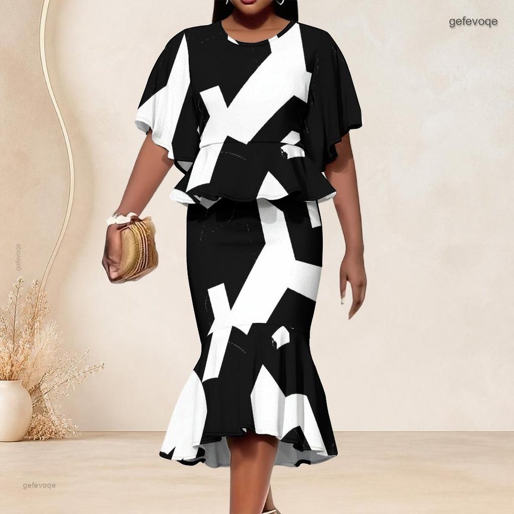 Women Plus Size Two Piece Set Round Neck Batwing Short Sleeve Printed Ruffle Top Fishtail Skirt Black