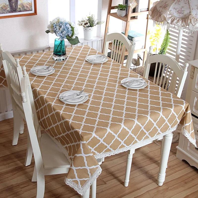 Nordic Style Christmas Plaid Tablecloth Soft Cotton Linen Map with Lace Hem Modern Rectangular and Round Cover for Dining Table