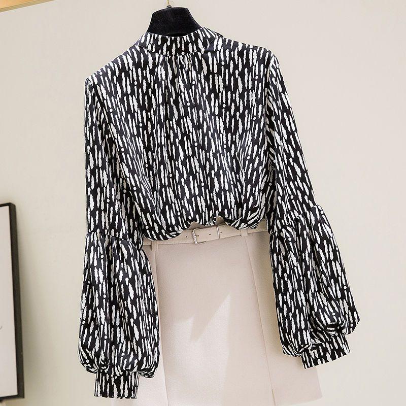 Lucerna rukávy Šifonová košile Jarní novinka Retro Fragmentovaná květinová společenská halenka Dámské tričko s dlouhým rukávem ve stoje