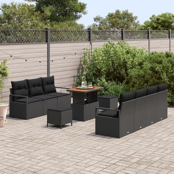 VidaXL Ensemble de 10 pièces de salon de jardin avec coussins Noir Poly Rattan Acacia 3362489