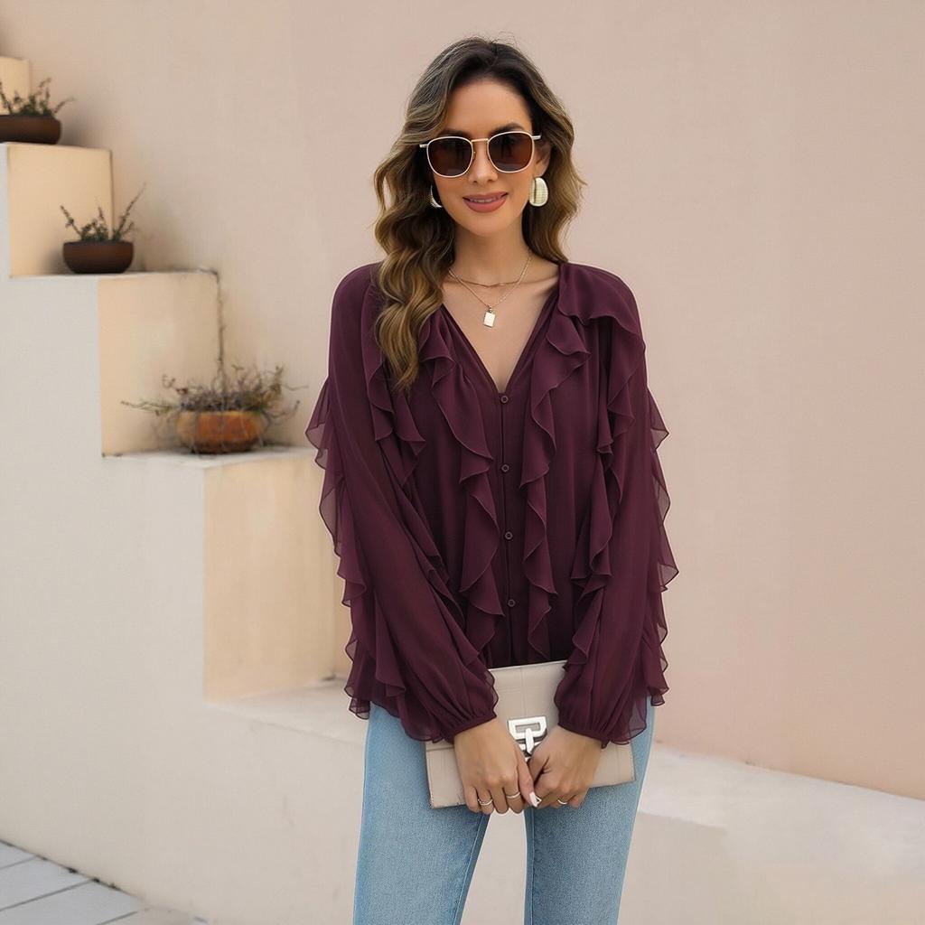 Women's V Neck Long Sleeve Blouse with Layered Ruffle Decoration Button Front Loose Fit Fashion Shirt Top for Casual Office Wear