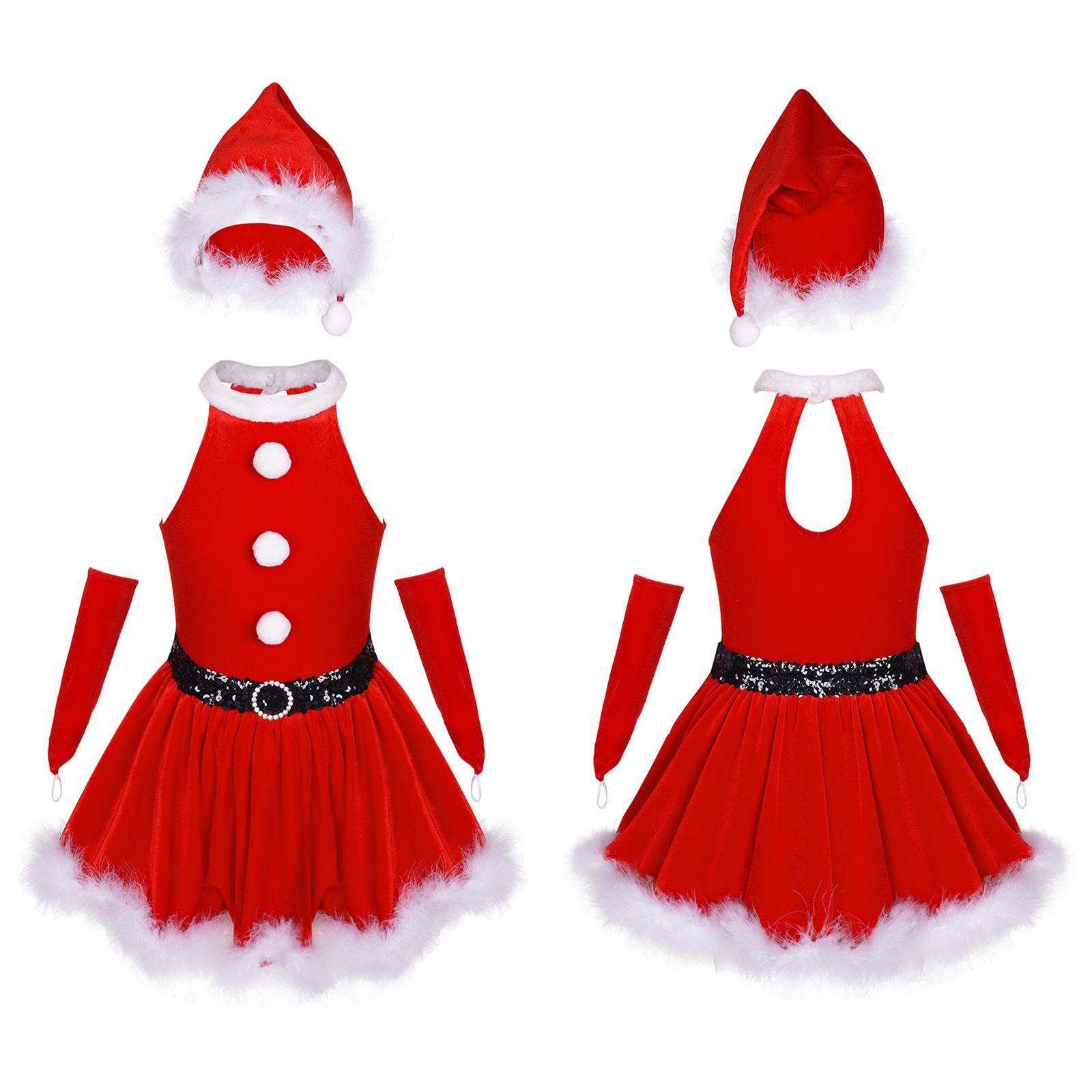 

Girls Christmas Velvet Dress with Feather Trim Santa Hat Gloves Suit for Party Costume 15-16 Years красный