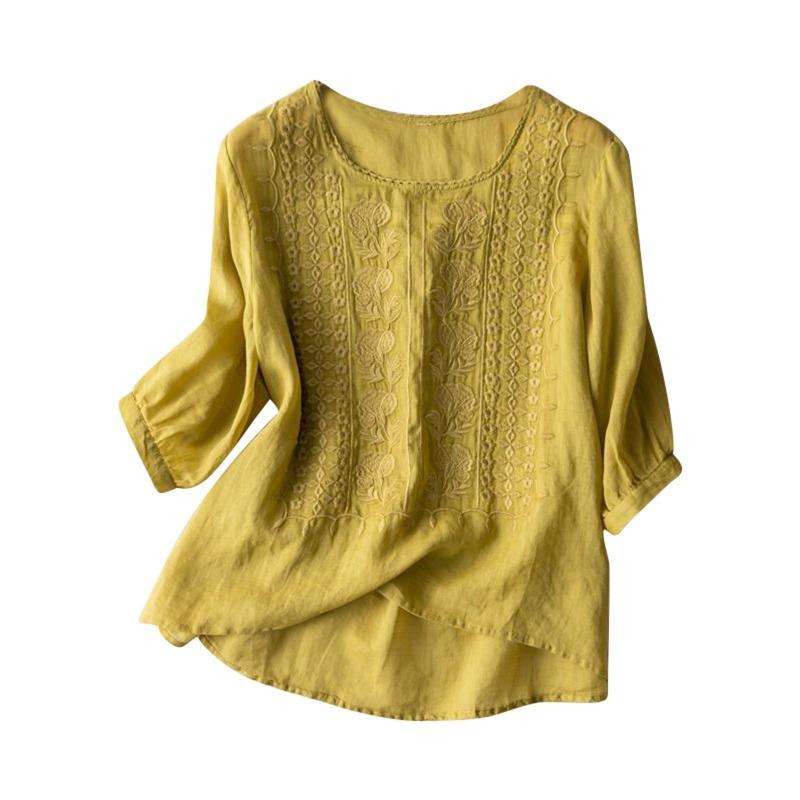 Summer Elegant Embroidery Loose Women Blouse Large Size Casual T-shirt Loose Simple Office Solid Color Fashion Elegant O Neck Sweet Shirts Clothing