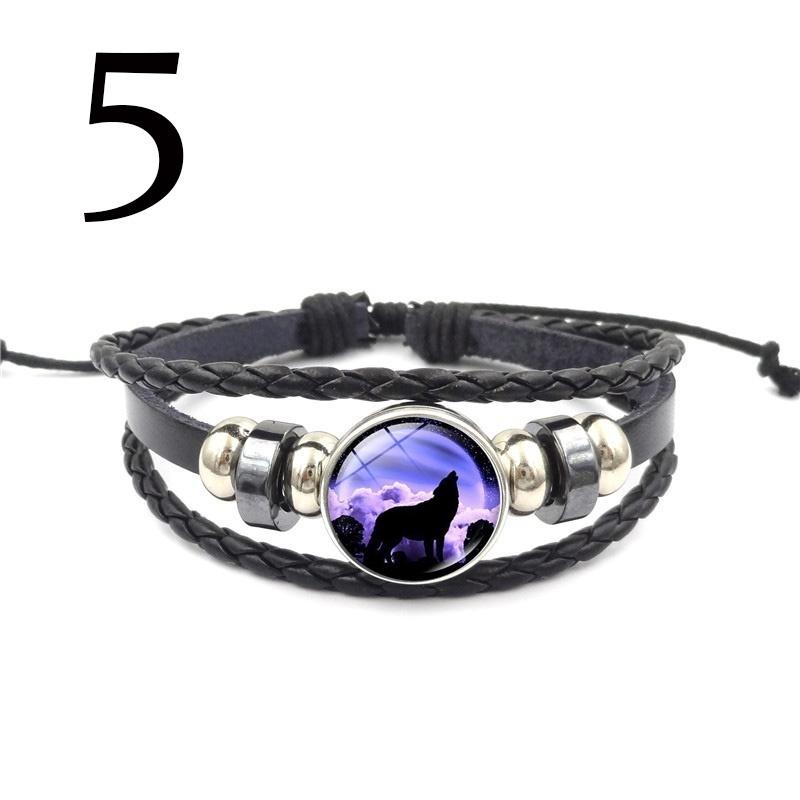 Black Leather Bracelet Wolf Head Glass Metal Buckle Punk Jewelry Weave Multilayer Bracelet Charm Wo