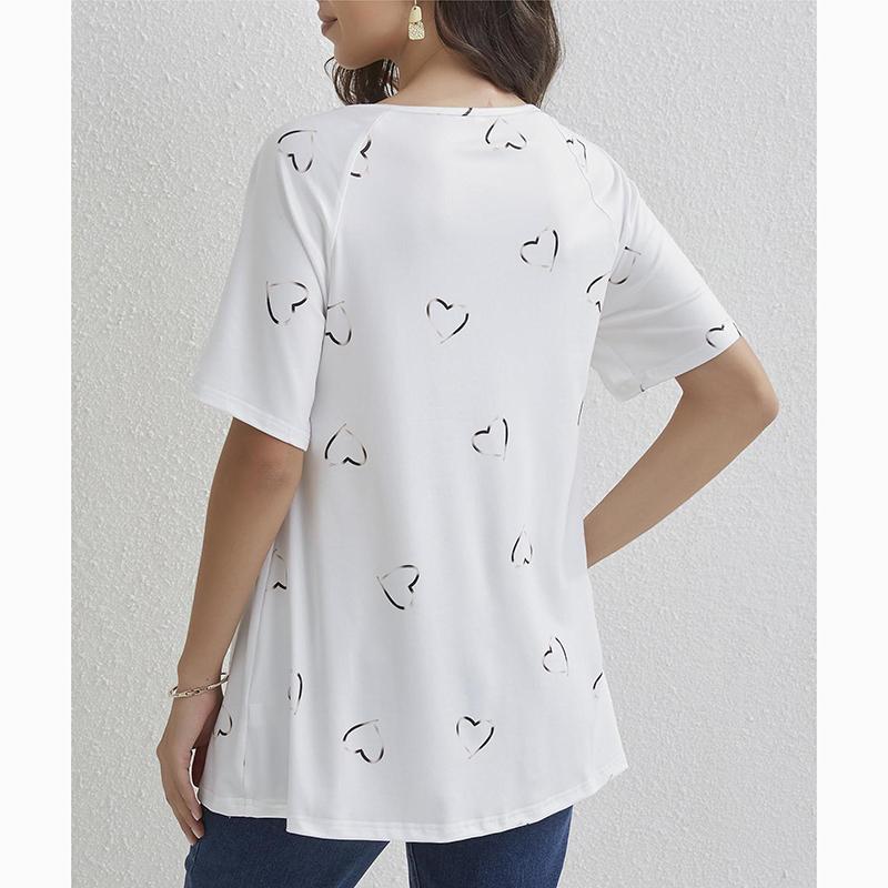 Spring Summer New Zipper Short Sleeve Shirt Women Tops Casual Love Print Pullover T-shirt Woman Fashion Elegant Loose Lady Blouse 24145