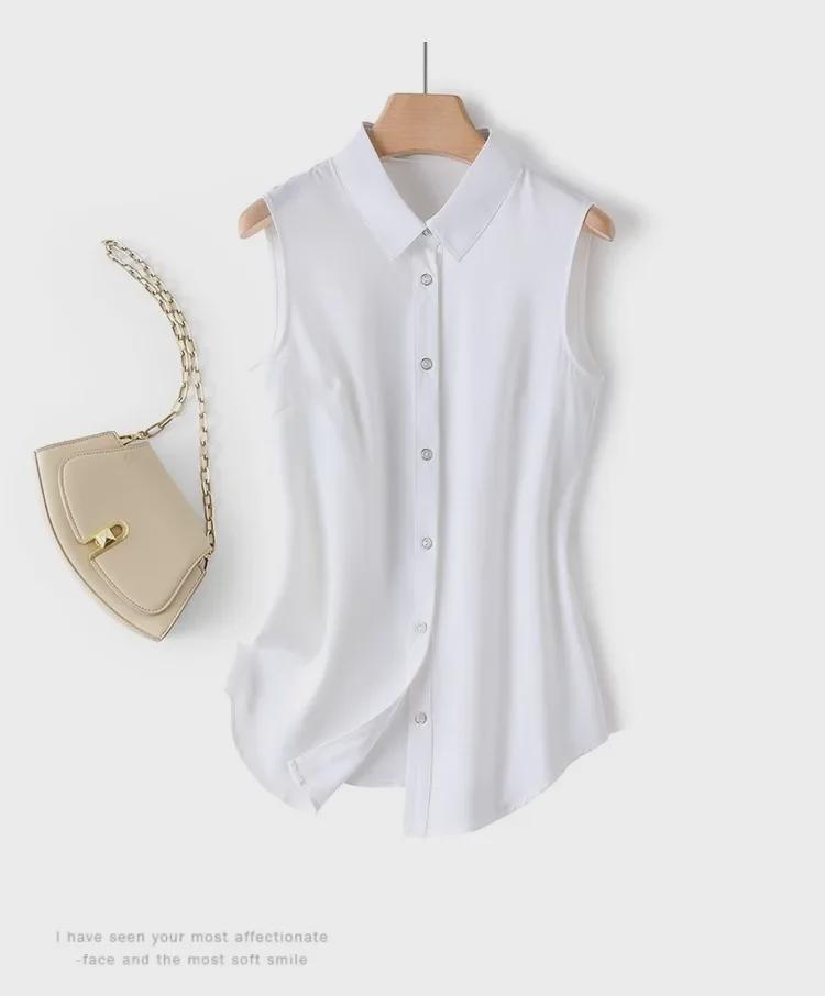 Women's White Sleeveless Chiffon Vest Top with Collar for Layered Wear