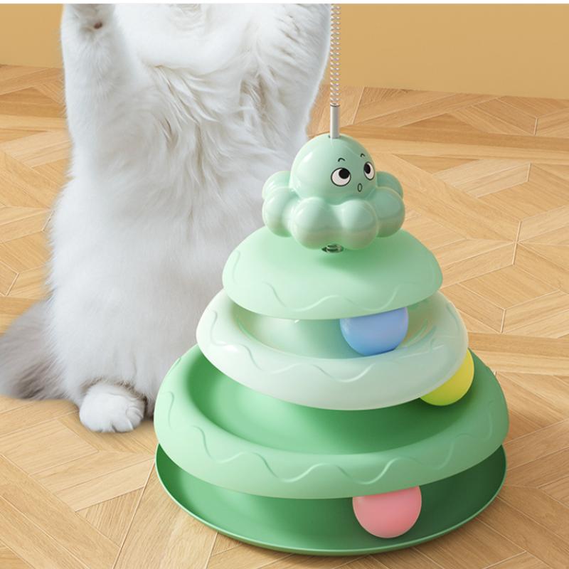 3-stöckiger Katzenspielturm Drehteller Rollkugelspielzeug Interaktives Intelligenz-Trainingsbahn Puzzle Lustige Spiele Zubehör