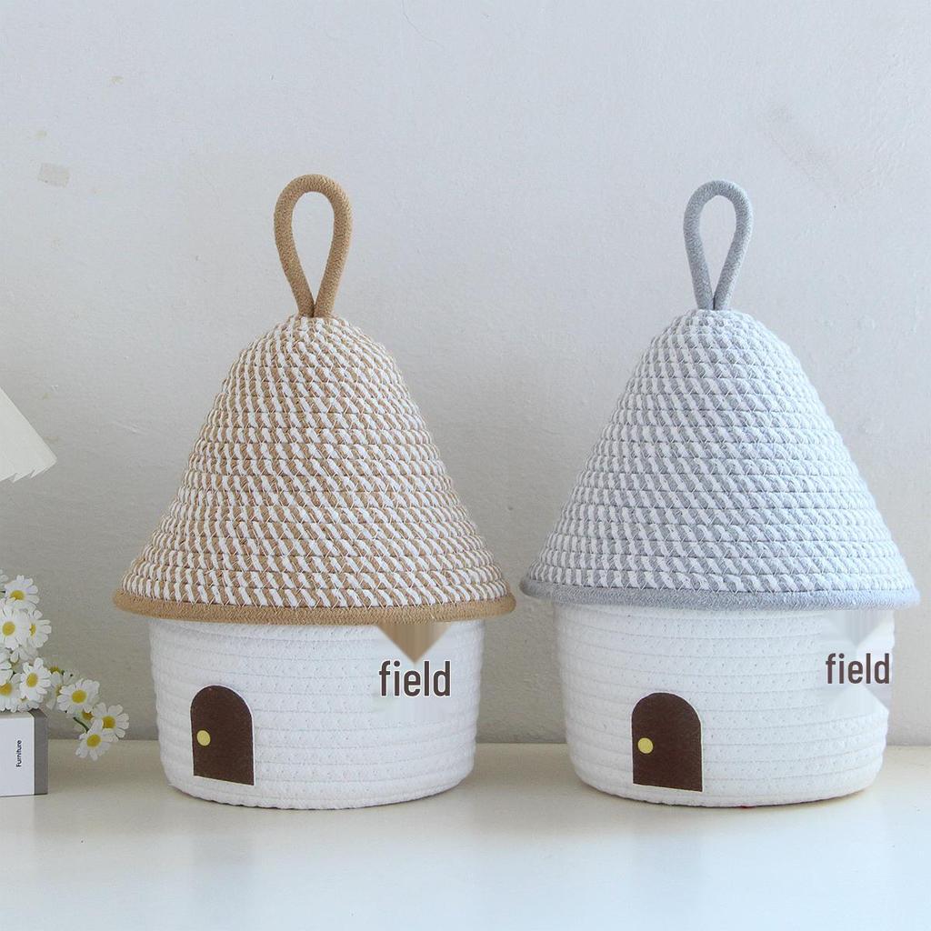 House-Shaped Cotton Rope Storage Basket with Lid for Miscellaneous Items