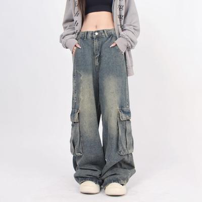 Men's American Retro Washed Wide-Leg Jeans with Big Pockets - Loose Straight-Leg Workwear Pants for Spring & Autumn.