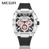 Megir Quartz Watch for Men Waterproof Silicone Strap Fashion Tonneau Case Chronograph Sport Wristwatch with Date Luminous Hands
