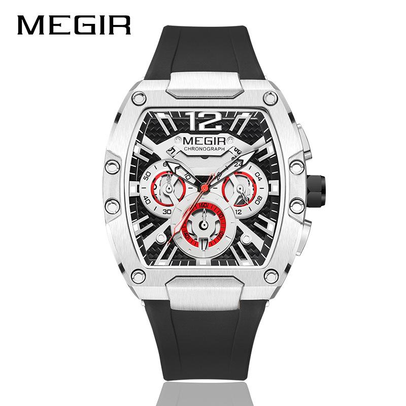 Megir Quartz Watch for Men Waterproof Silicone Strap Fashion Tonneau Case Chronograph Sport Wristwatch with Date Luminous Hands