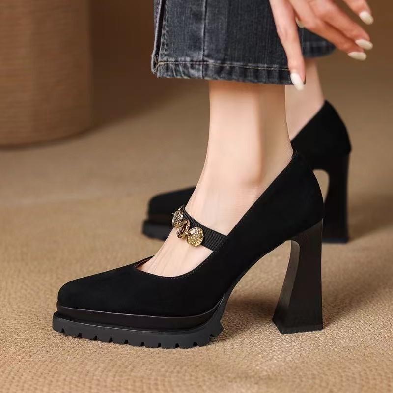 Fashion Platform Metal Buckle Foot Anti-slip Wear-resistant High Heels Autumn New Pointed Toe Shallow Mouth Anti-slip Single Shoes