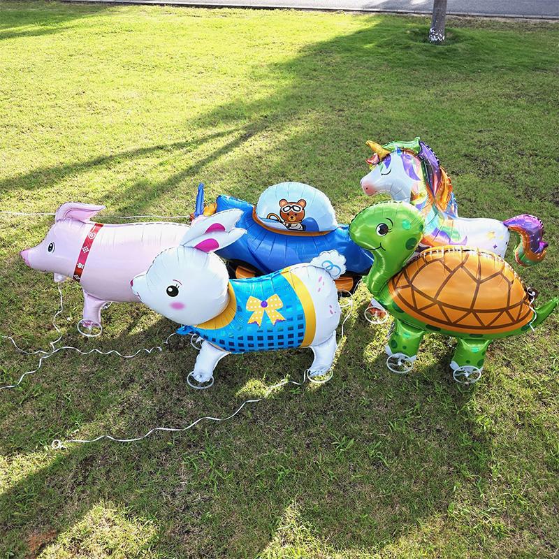 Large Size 4D Dinosaur Dog Cat Standing Foil Balloons Animals Walking Balloon With Wheel For Kids Birthday Party Decoration