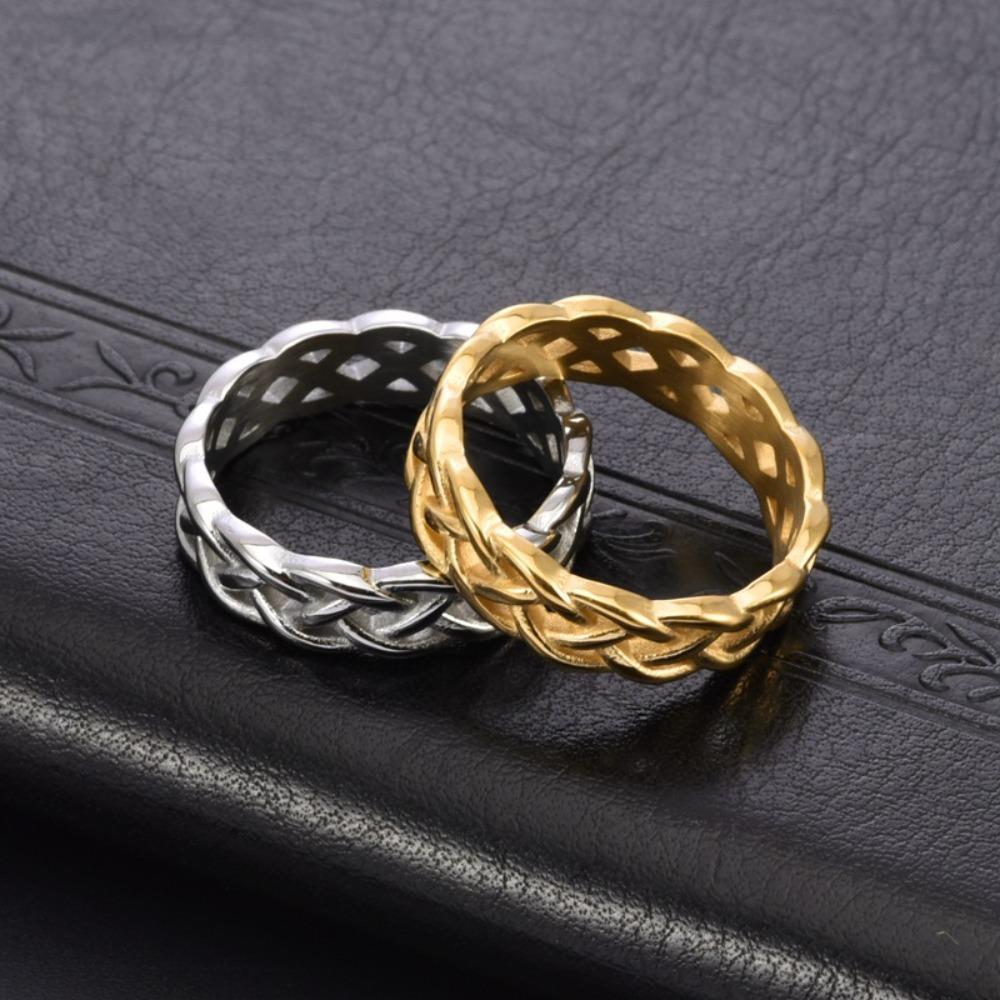 18K Gold Plated Braided Cross Hollow Titanium Steel Couple Rings Unisex Fashion Jewelry