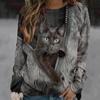 Plus Size Fashion Women's Round Neck Long Sleeve Shirts Basic Lightweight Pullover Tops Casual Cartoon Cat Printed Blouses
