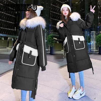 Down Jacket Winter Korean Fashion Big Size Fur Collar Mid-length Hooded Thick Warm Large Size Jacket Suitable for Women