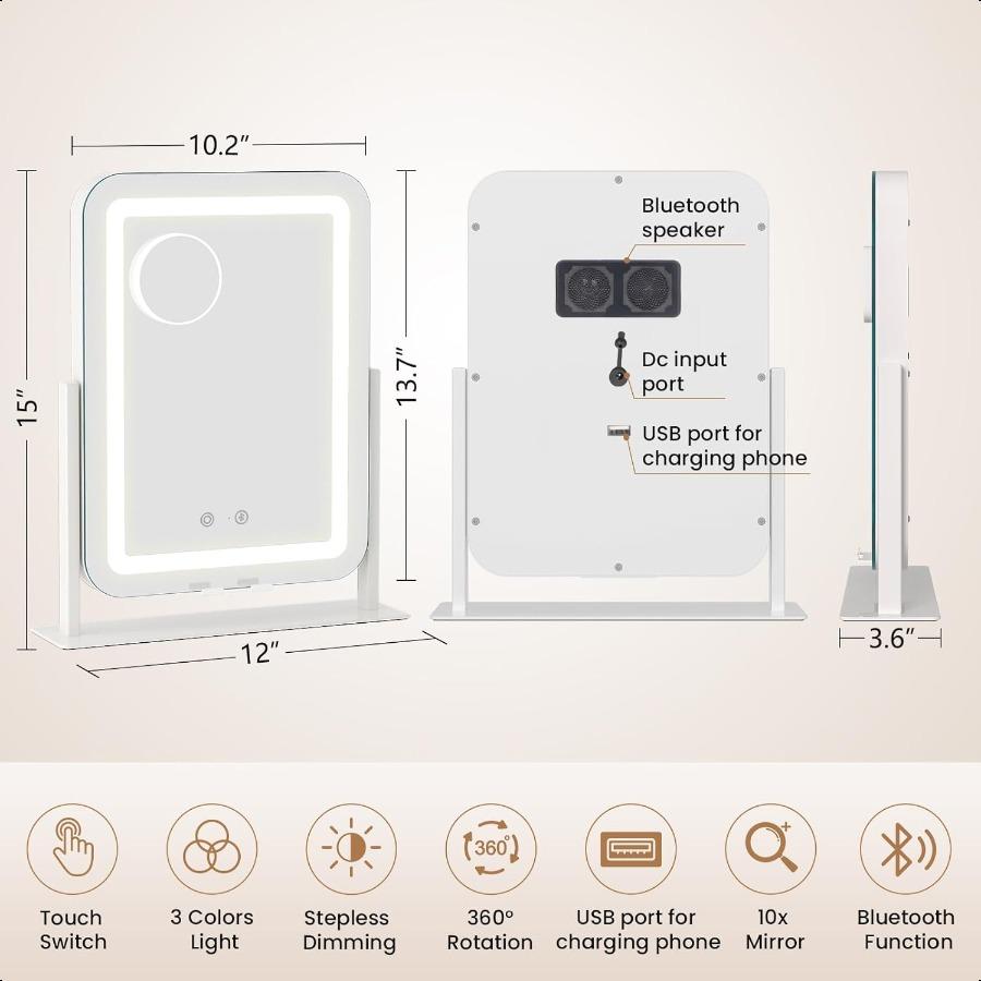 

Светодиодное зеркало для макияжа с USB-портом для зарядки 12 В 2 А, Bluetooth-динамиком, 3 цветами, регулируемой яркостью, 15x12 Зеркало для макияжа с подсветкой Tou United States