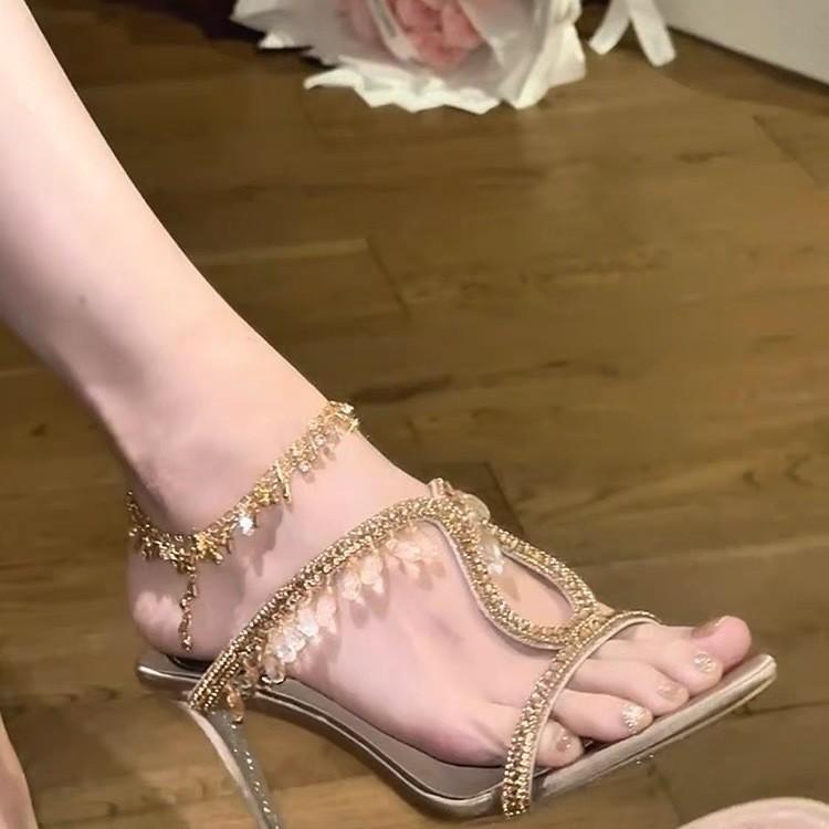 RC Open-toed Rhinestone Pendant Silk and Satin 2025 New One-word Slippers Women's Sexy Outer Wear Stiletto High Heels Sandals