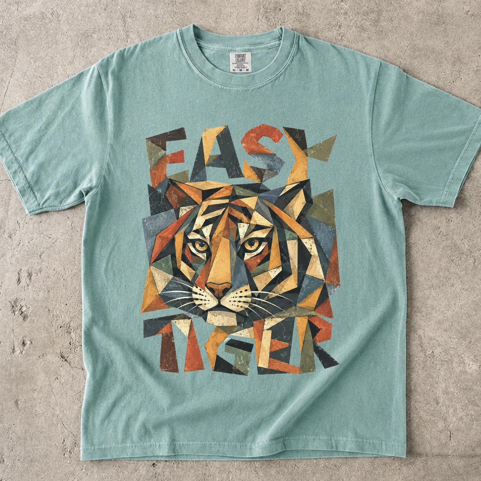 Easy Tiger Shirt, Vintage Geometric Tiger T-Shirt, Retro Animal Graphic Tee, Cute Sarcastic Quote Gift, Cubism Tiger Face Tee 4XL