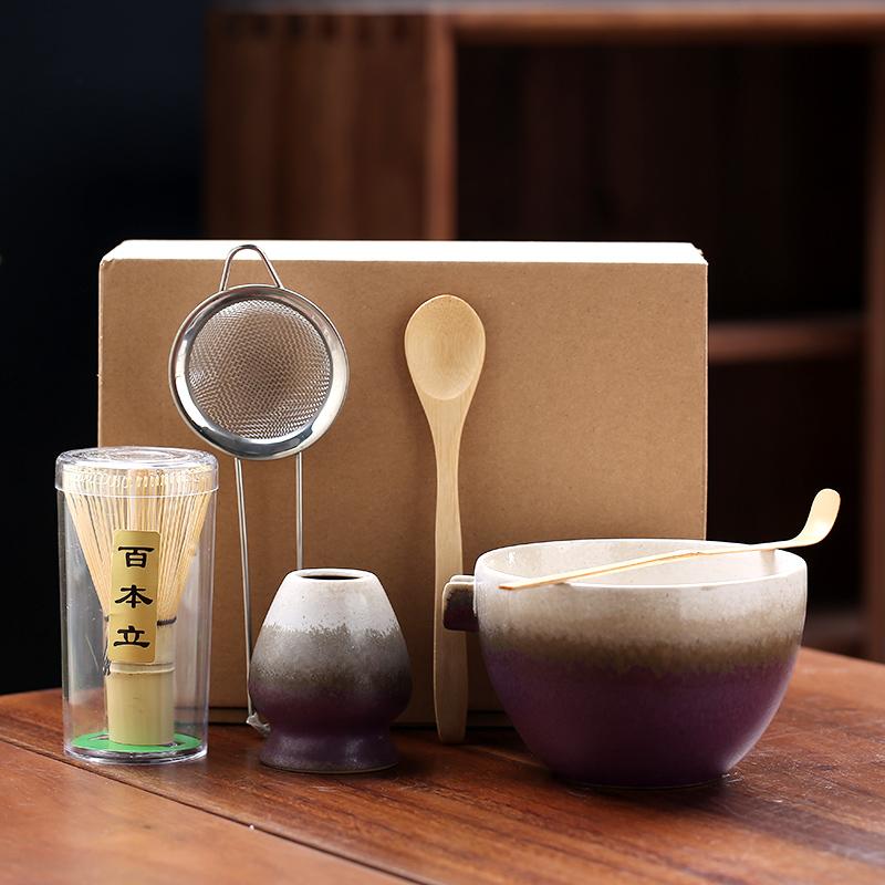 6PCS Japanese Matcha Set with Ceramic Bowl Bamboo Matcha Whisk Teaspoon Tea Sets with Strainer Tea Making Tools Accessories