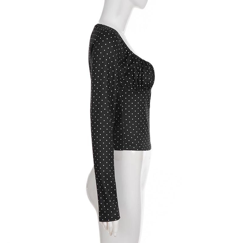 European & American Sweet Polka Dot Puff Sleeve Cropped Top with Button-Up & Round Neck - Slim Fit, Long Sleeve