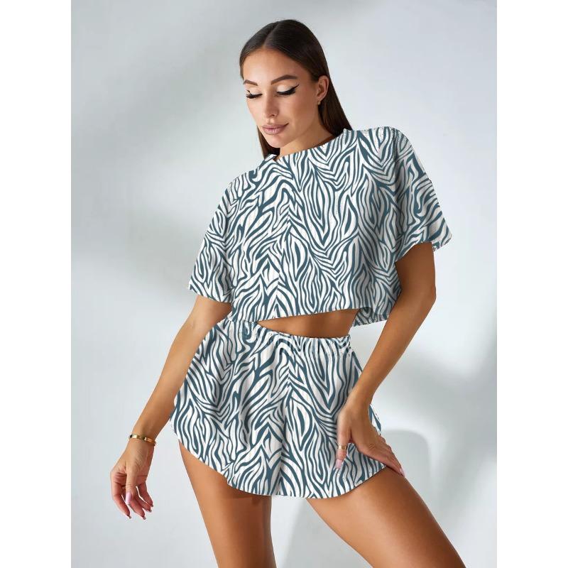 

VEZFAA Женская мода повседневная летняя весна леопардовый принт короткий рукав О-образный вырез брюки брюки костюмы XL