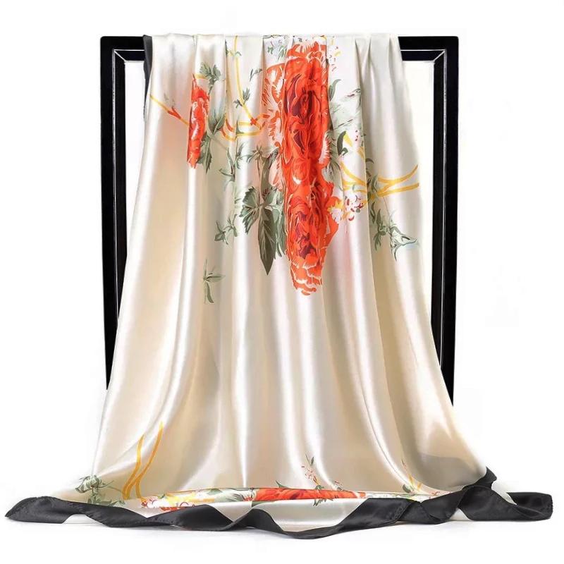 90*90Cm Satin Scarf For Women Cashew Flower Print Chain Scarf Spring And Summer  Style Shawl Scarf For Women   Style