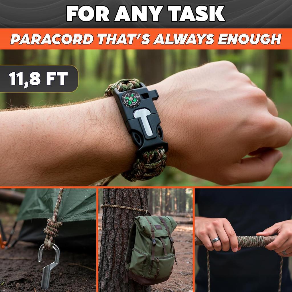 Braccialetto di Sopravvivenza in Paracord 5-in-1 Braccialetto da Polso Multifunzionale di Emergenza per Campeggio Escursionismo Avventura