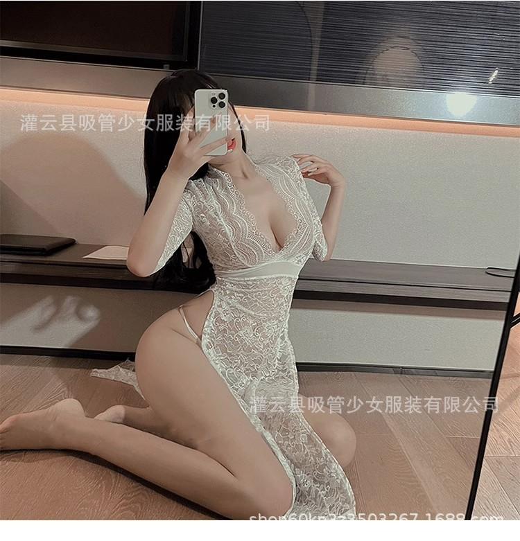 Sex Underwear Medium Sleeve Thin Lace Deep V Sexy Split Fork Empty Lace Perspective