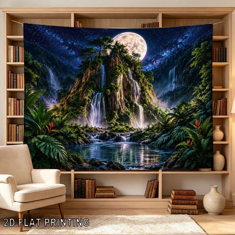 2D Flat - 2D Flat - 1pc 2D Flat Tapestry Under The Full Moon, Cascading Waterfalls Flow Through Lush Jungle Valleys, Creating a Serene And Mystical No